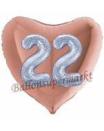 Herzluftballon Jumbo Zahl 22, rosegold-silber-holografisch mit 3D-Effekt zum 22. Geburtstag