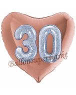 Herzluftballon Jumbo Zahl 30, rosegold-silber-holografisch mit 3D-Effekt zum 30. Geburtstag