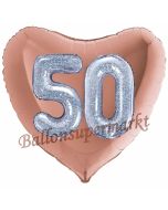 Herzluftballon Jumbo Zahl 50, rosegold-silber-holografisch mit 3D-Effekt zum 50. Geburtstag