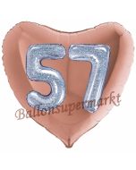 Herzluftballon Jumbo Zahl 57, rosegold-silber-holografisch mit 3D-Effekt zum 57. Geburtstag