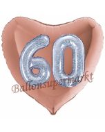 Herzluftballon Jumbo Zahl 60, rosegold-silber-holografisch mit 3D-Effekt zum 60. Geburtstag