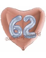 Herzluftballon Jumbo Zahl 62, rosegold-silber-holografisch mit 3D-Effekt zum 62. Geburtstag