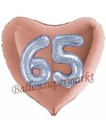 Herzluftballon Jumbo Zahl 65, rosegold-silber-holografisch mit 3D-Effekt zum 65. Geburtstag