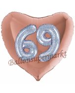 Herzluftballon Jumbo Zahl 69, rosegold-silber-holografisch mit 3D-Effekt zum 69. Geburtstag