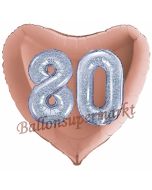 Herzluftballon Jumbo Zahl 80, rosegold-silber-holografisch mit 3D-Effekt zum 80. Geburtstag