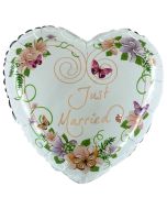 Just Married Heart Flowers Herzballon, Luftballon aus Folie zur Hochzeit