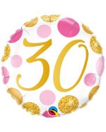 Luftballon zum 30. Geburtstag, Pink & Gold Dots 30, ohne Helium-Ballongas