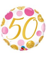 Luftballon zum 50. Geburtstag, Pink & Gold Dots 50, ohne Helium-Ballongas