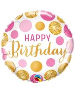 Geburtstags-Luftballon Pink & Gold Dots Happy Birthday, ohne Helium-Ballongas