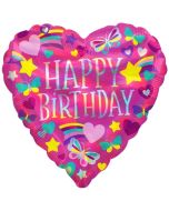 Holografischer Luftballon Rainbow Hearts Happy Birthday, ohne Helium