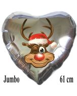 Jumbo Herzluftballon aus Folie, silber, Rudolph das Rentier mit Helium