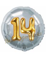 Runder Luftballon Jumbo Zahl 14, silber-gold mit 3D-Effekt zum 14. Geburtstag