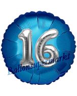 Runder Luftballon Jumbo Zahl 16, blau-silber mit 3D-Effekt zum 16. Geburtstag