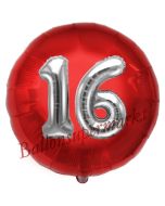 Runder Luftballon Jumbo Zahl 16, rot-silber mit 3D-Effekt zum 16. Geburtstag