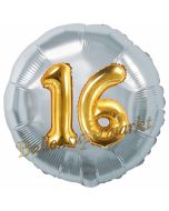 Runder Luftballon Jumbo Zahl 16, silber-gold mit 3D-Effekt zum 16. Geburtstag