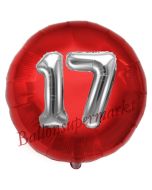 Runder Luftballon Jumbo Zahl 17, rot-silber mit 3D-Effekt zum 17. Geburtstag