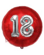 Runder Luftballon Jumbo Zahl 18, rot-silber mit 3D-Effekt zum 18. Geburtstag