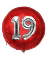 Runder Luftballon Jumbo Zahl 19, rot-silber mit 3D-Effekt zum 19. Geburtstag