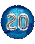Runder Luftballon Jumbo Zahl 20, blau-silber mit 3D-Effekt zum 20. Geburtstag