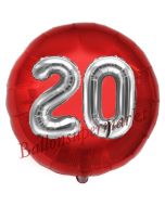 Runder Luftballon Jumbo Zahl 20, rot-silber mit 3D-Effekt zum 20. Geburtstag