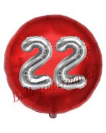 Runder Luftballon Jumbo Zahl 22, rot-silber mit 3D-Effekt zum 22. Geburtstag