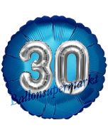 Runder Luftballon Jumbo Zahl 30, blau-silber mit 3D-Effekt zum 30. Geburtstag