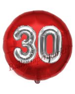 Runder Luftballon Jumbo Zahl 30, rot-silber mit 3D-Effekt zum 30. Geburtstag