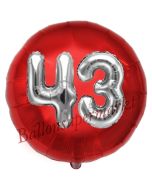 Runder Luftballon Jumbo Zahl 43, rot-silber mit 3D-Effekt zum 43. Geburtstag