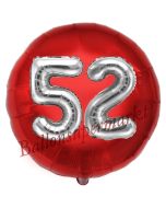 Runder Luftballon Jumbo Zahl 52, rot-silber mit 3D-Effekt zum 52. Geburtstag