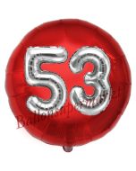 Runder Luftballon Jumbo Zahl 53, rot-silber mit 3D-Effekt zum 53. Geburtstag