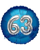 Runder Luftballon Jumbo Zahl 63, blau-silber mit 3D-Effekt zum 63. Geburtstag