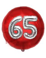 Runder Luftballon Jumbo Zahl 65, rot-silber mit 3D-Effekt zum 65. Geburtstag