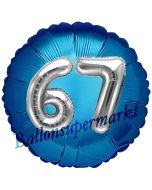 Runder Luftballon Jumbo Zahl 67, blau-silber mit 3D-Effekt zum 67. Geburtstag