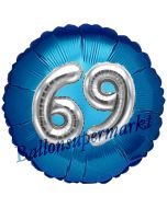 Runder Luftballon Jumbo Zahl 69, blau-silber mit 3D-Effekt zum 69. Geburtstag