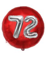 Runder Luftballon Jumbo Zahl 72, rot-silber mit 3D-Effekt zum 72. Geburtstag