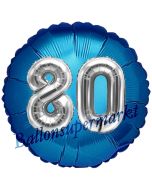 Runder Luftballon Jumbo Zahl 80, blau-silber mit 3D-Effekt zum 80. Geburtstag