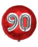 Runder Luftballon Jumbo Zahl 90, rot-silber mit 3D-Effekt zum 90. Geburtstag