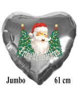 Jumbo Herzluftballon aus Folie, silber, Weihnachtsmann mit Weihnachtsbäumen, Frohe Weihnachten mit Helium