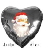 Jumbo Folienballon Weihnachtsmann zwinkert, 61 cm Herz, silber, ohne Helium/Ballongas