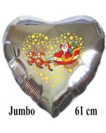 Jumbo Herzluftballon aus Folie, silber, Weihnachtsmann mit Schlitten und Rentieren mit Helium