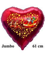 Jumbo Herzluftballon aus Folie, Weihnachtsmann mit Schlitten und Rentieren mit Helium