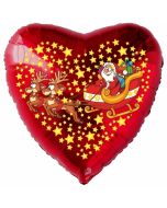 Herzluftballon aus Folie, Weihnachtsmann mit Schlitten und Rentieren mit Helium