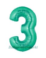Zahlendekoration Zahl 3, Aquamarin, Folienballon Dekozahl ohne Helium
