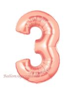 Zahlendekoration Zahl 3, Roségold, Folienballon Dekozahl ohne Helium