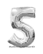 Zahlendekoration Zahl 5, Silber, Großer Luftballon aus Folie, Blau, 1 Meter hoch, Folienballon Dekozahl