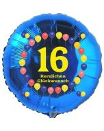 Luftballon aus Folie zum 16. Geburtstag, Herzlichen Glückwunsch Ballons 16, blau, ohne Ballongas