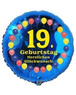 Luftballon aus Folie zum 19. Geburtstag, Herzlichen Glückwunsch Ballons 19, blau, ohne Ballongas