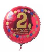 Luftballon aus Folie zum 2. Geburtstag, Herzlichen Glückwunsch Ballons 2, rot, ohne Ballongas