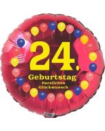 Luftballon aus Folie zum 24. Geburtstag, Herzlichen Glückwunsch Ballons 24, rot, ohne Ballongas