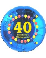 Luftballon aus Folie zum 40. Geburtstag, Herzlichen Glückwunsch Ballons 40, blau, ohne Ballongas